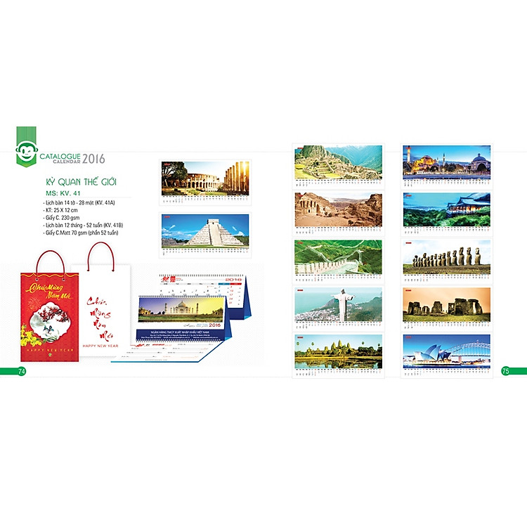 Lịch Để Bàn Chữ A - KV41B Khang Việt Năm 2016 - Kỳ Quan Thế Giới (Có Note)