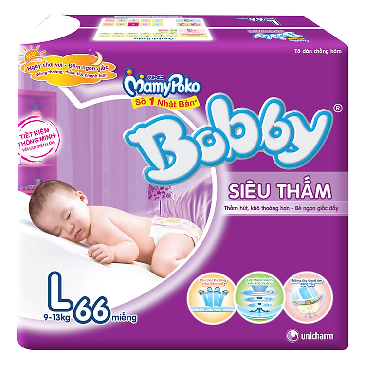 Tã Dán Bobby Fresh Siêu Thấm Gói Cực Đại L66 (66 Miếng)