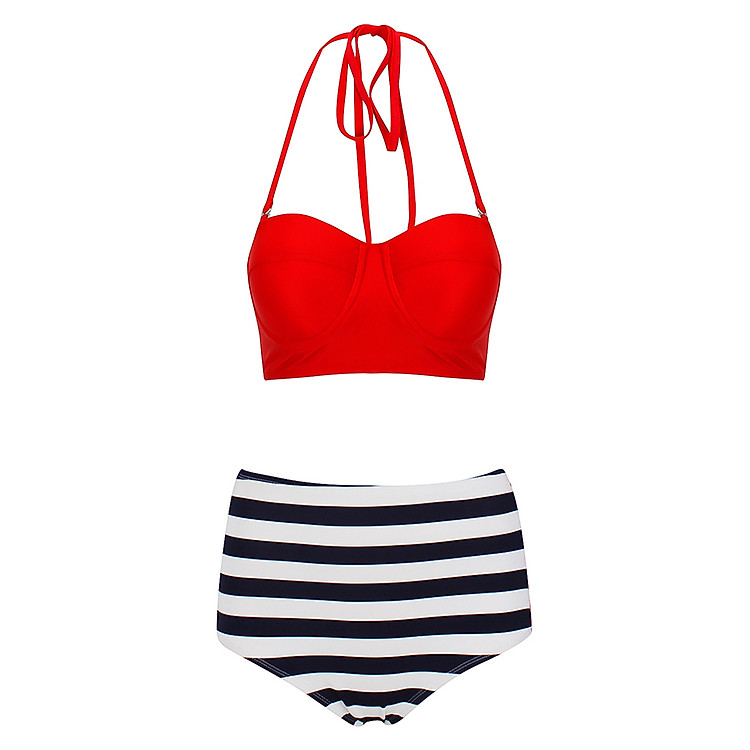 Bikini 2 Mảnh Quần Lưng Cao Quần Sọc Trắng Đen Peace's LC41 - Freesize