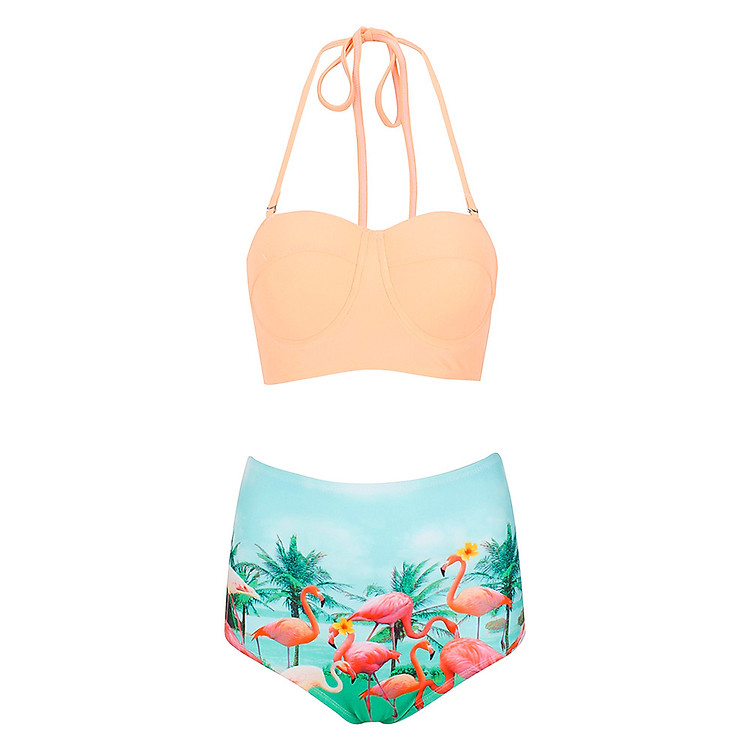 Bikini 2 Mảnh Quần Lưng Cao Họa Tiết Nhiệt Đới Peace's LC49 - Freesize