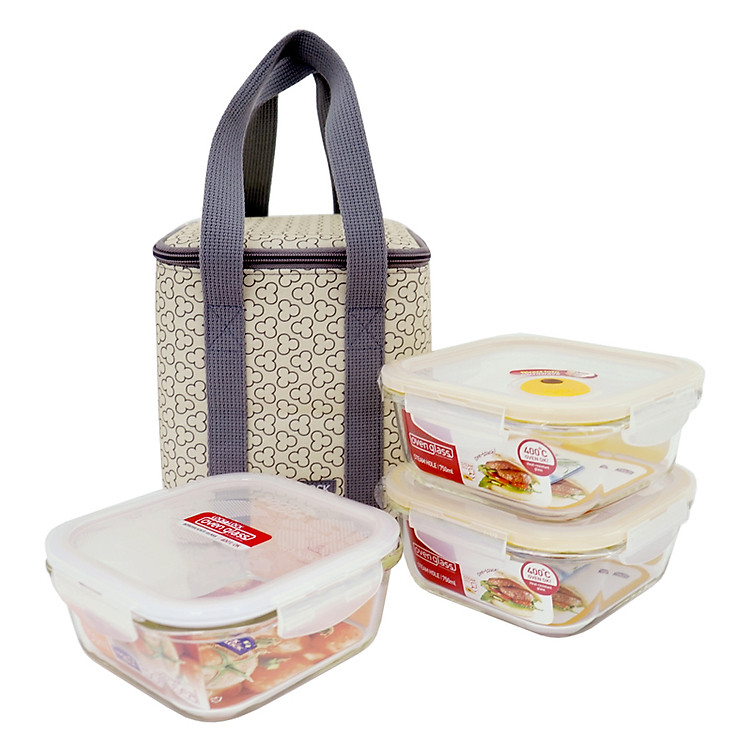 Bộ Túi Hộp Thủy Tinh Chịu Nhiệt Lock&Lock LLG224TI3 3 Hộp - Màu Ngà