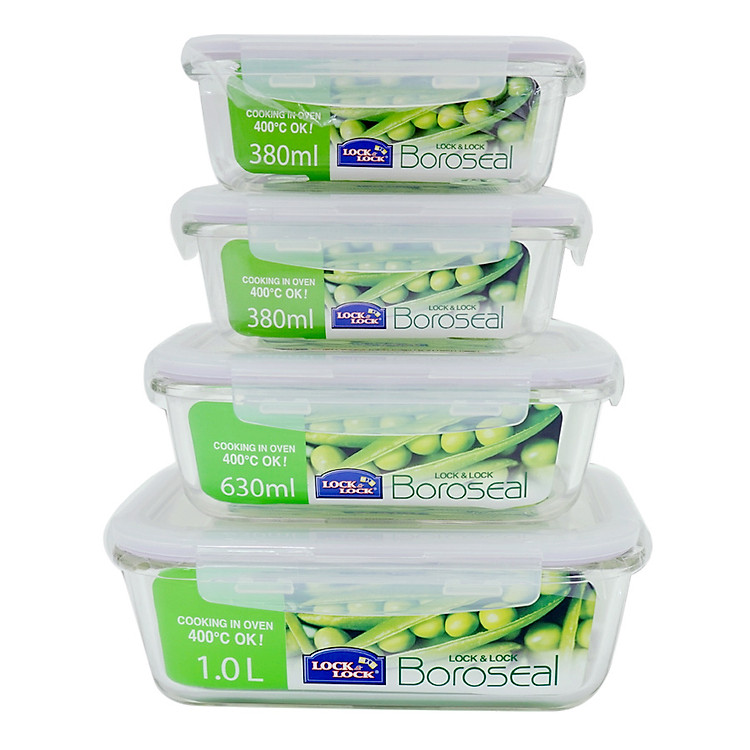 Bộ 4 Hộp Thủy Tinh Chịu Nhiệt Glass Euro Lock&Lock LLG445S4