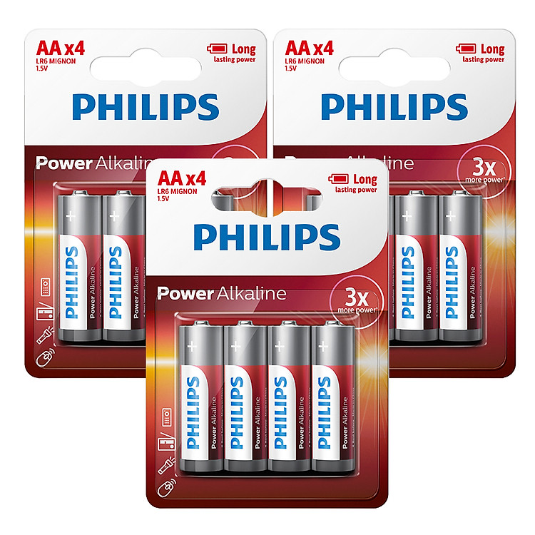 Combo 3 Vỉ - Pin Kiềm (Alkaline) Philips AA LR6P4B (12 Viên AA) - Đỏ