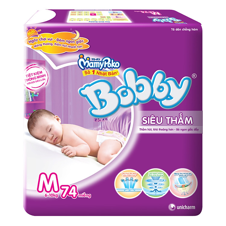 Tã Dán Bobby Fresh Siêu Thấm Gói Cực Đại M74 (74 Miếng)