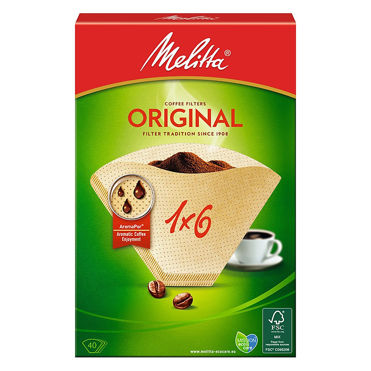 Giấy Lọc Cà Phê Melitta Đức -1x6 Nhập khẩu Đức Hộp 40 tờ màu Nâu - Hàng chính hãng