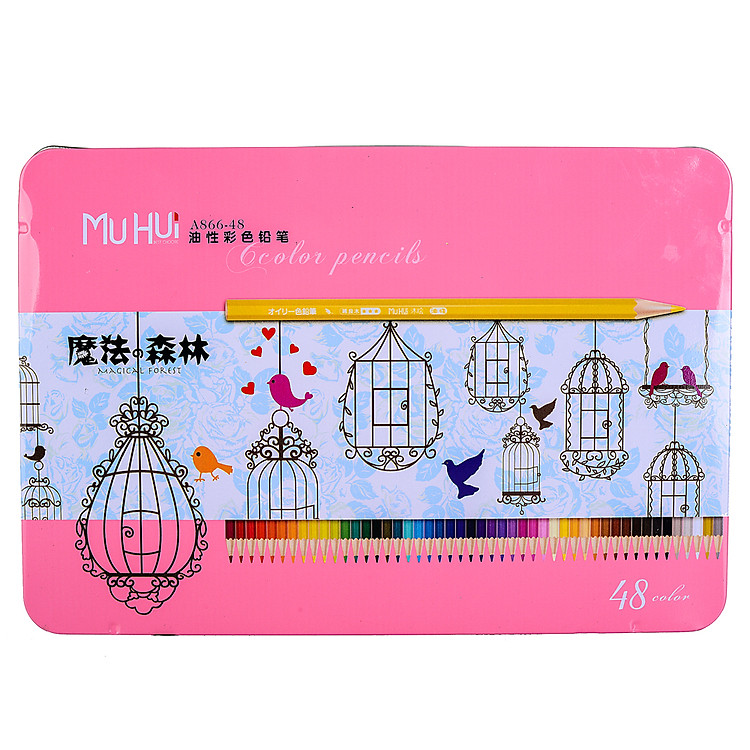 Bút Chì Màu Thường Hộp Thiếc MUHUI 48M - Hồng