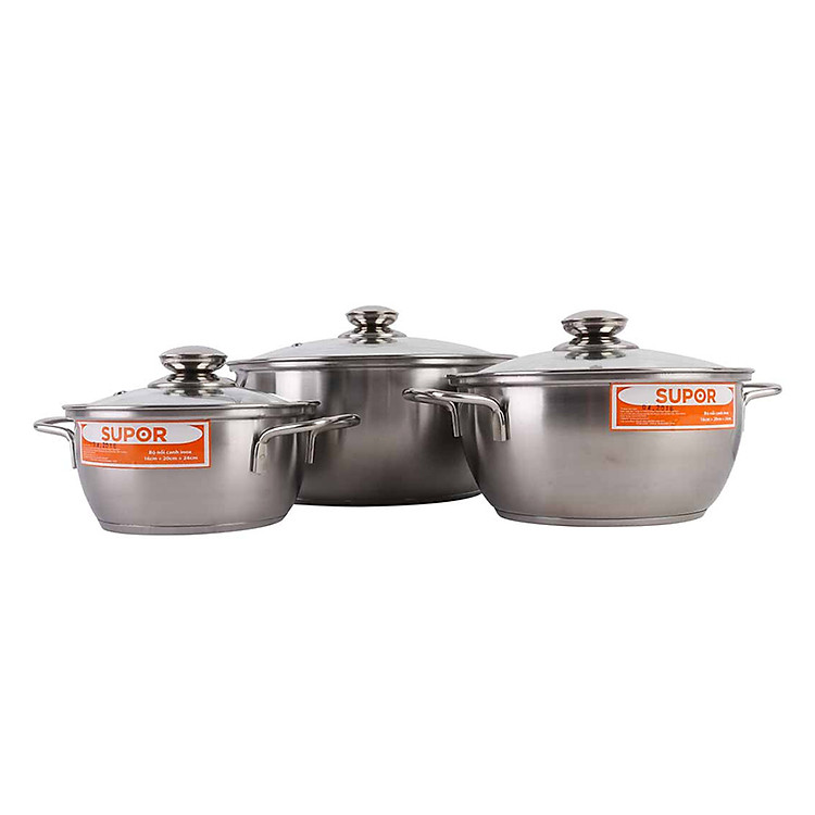Bộ 3 Nồi Canh Inox 304 Nắp Kiếng Supor - S28S-T1 - 16, 20, 24 Cm (1.3L, 2.4L, 4.6L)