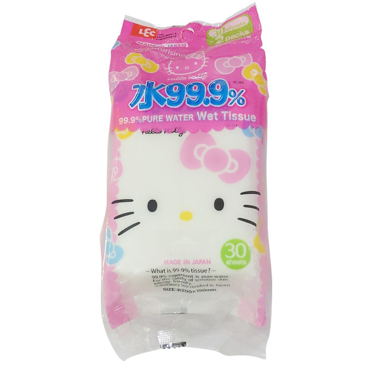 Combo 2 gói khăn Ướt Nước Tinh Khiết 99,9% LEC Hello Kitty SS263 (30 Tờ x 2 Gói)