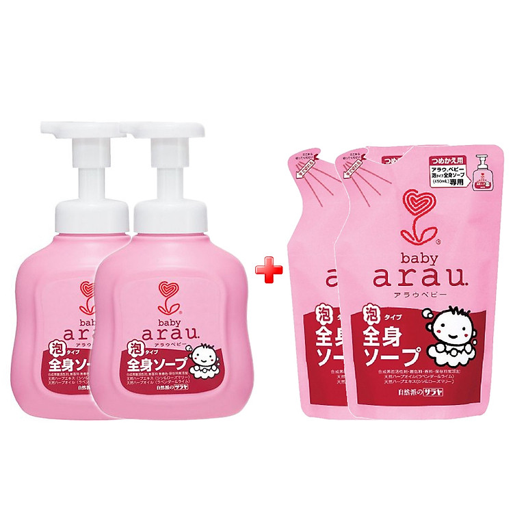Combo 2 Bình Sữa Tắm Cho Bé Arau Baby (450ml) Tặng 2 Túi Sữa Tắm Cho Bé Arau Baby (440ml)
