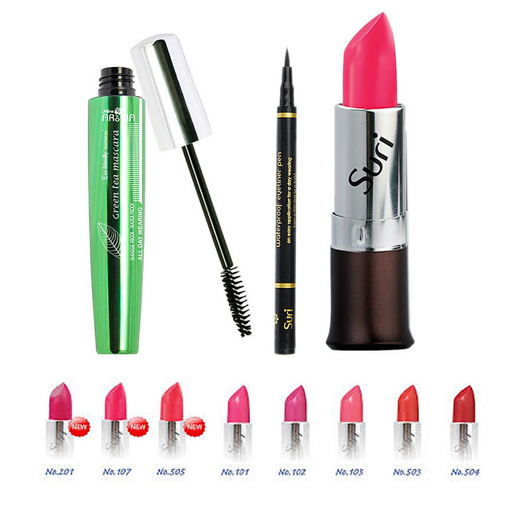 Combo 3 Trang Điểm Mira: Mascara Trà xanh B553 + Bút kẻ mắt E233 + Son Bền Màu Suri E272
