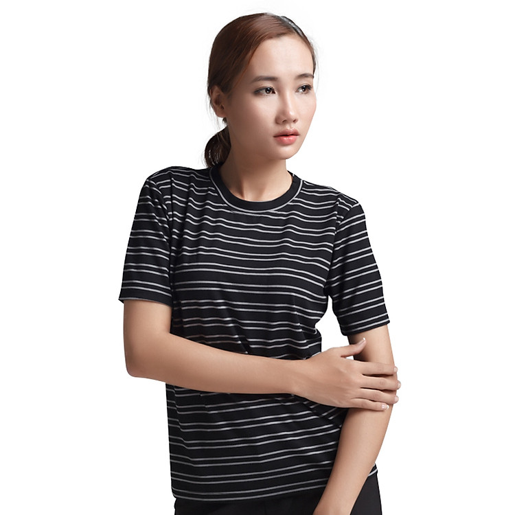Áo Thun Nữ Sọc Tay Ngắn Labelle TN21 - Đen Sọc Xám