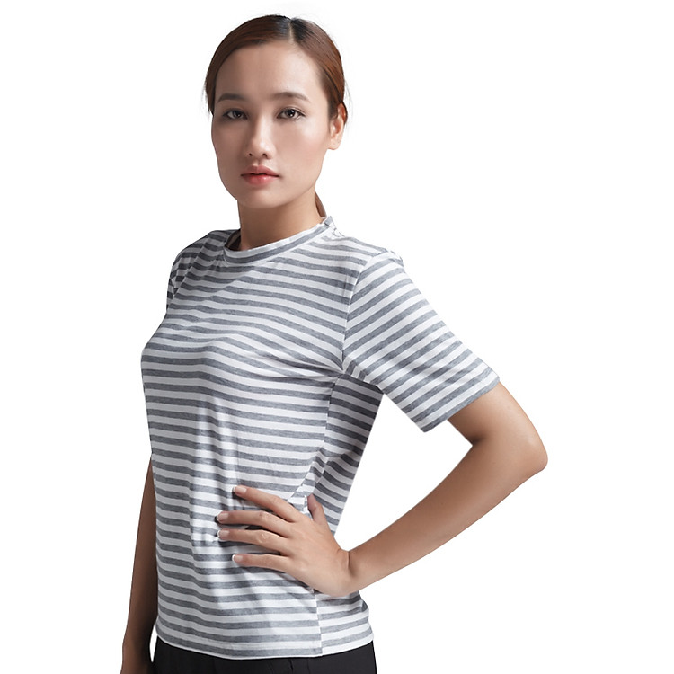 Áo Thun Nữ Sọc Tay Ngắn Labelle TN21 - Trắng Sọc Xám