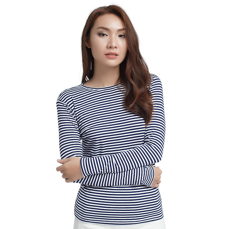 Áo Thun Nữ Kẻ Sọc Tay Dài Labelle TN18 - Trắng Sọc Xanh