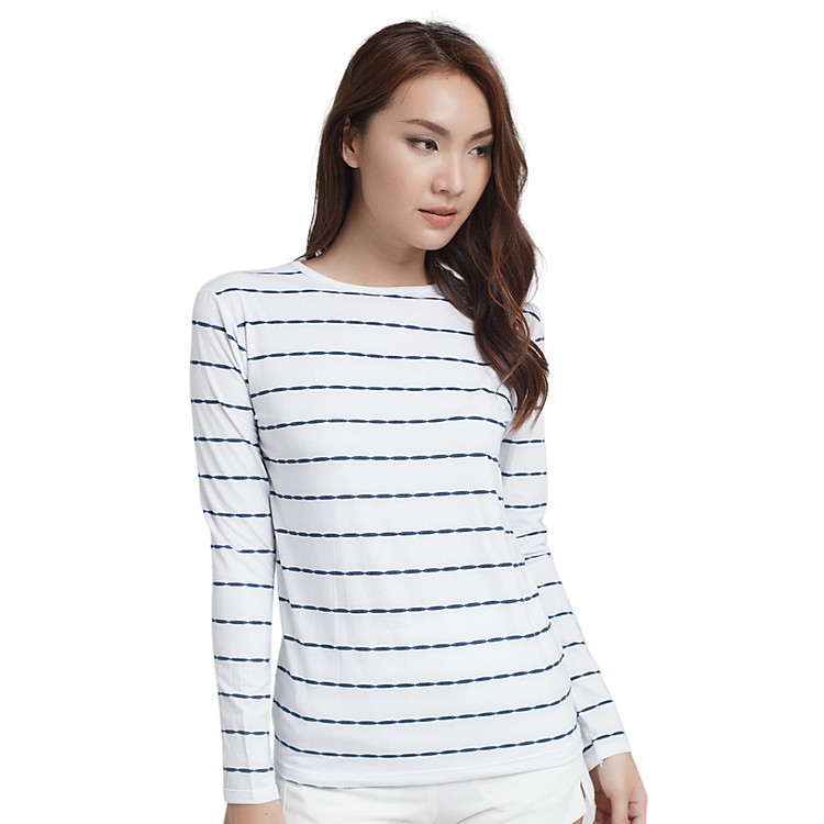 Áo Thun Nữ Kẻ Sọc Tay Dài Labelle TN18 - Trắng Sọc Xanh Nhỏ