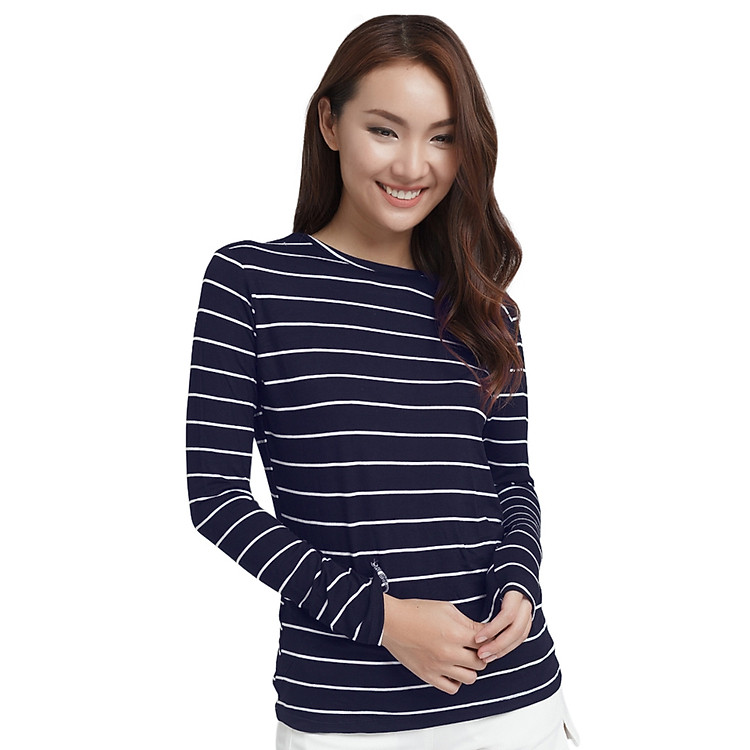Áo Thun Nữ Kẻ Sọc Tay Dài Labelle TN18 - Xanh Sọc Trắng Nhỏ