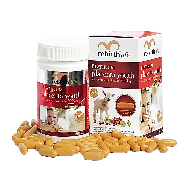 Thực Phẩm Chức Năng Viên Uống Nhau Cừu Trẻ Hóa Từ Bên Trong Rebirth Life Platinum Placenta Youth 3000mg 60 Capsules - RL01