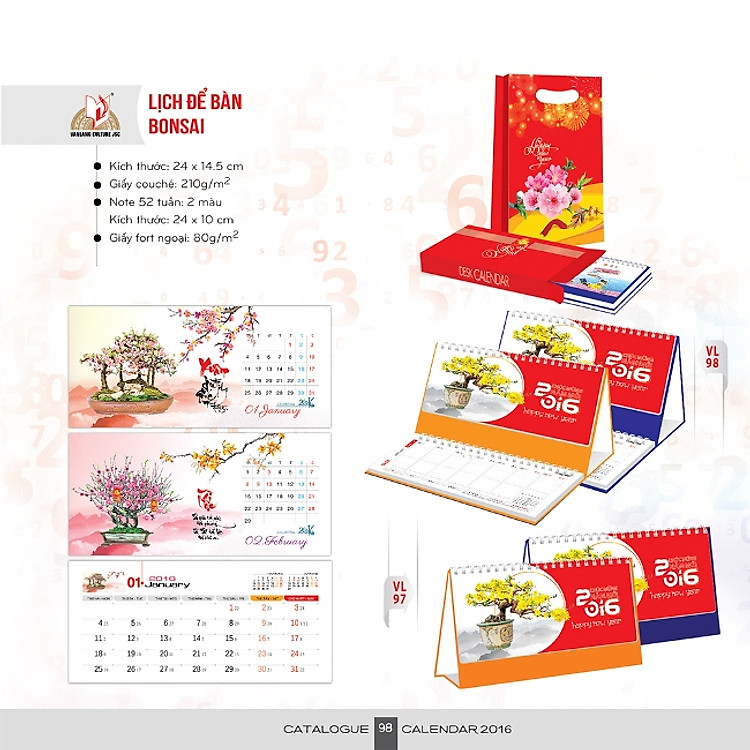 Lịch Để Bàn Văn Lang - VL97 - Bonsai 2016 (không có note)