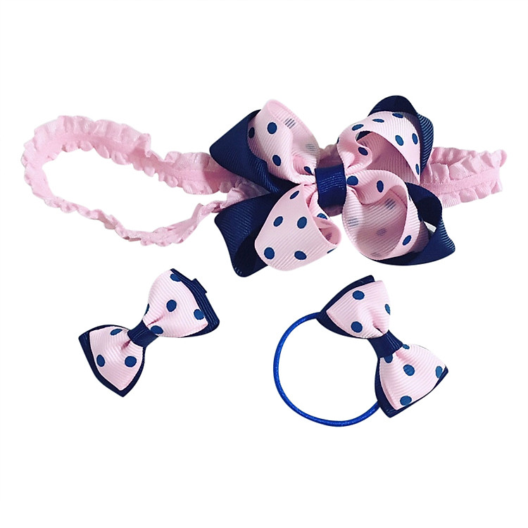 Combo Băng Đô Và Kẹp Tóc Bảo Ngọc Họa Tiết Chấm Bi CB02 - Hồng Phối Xanh