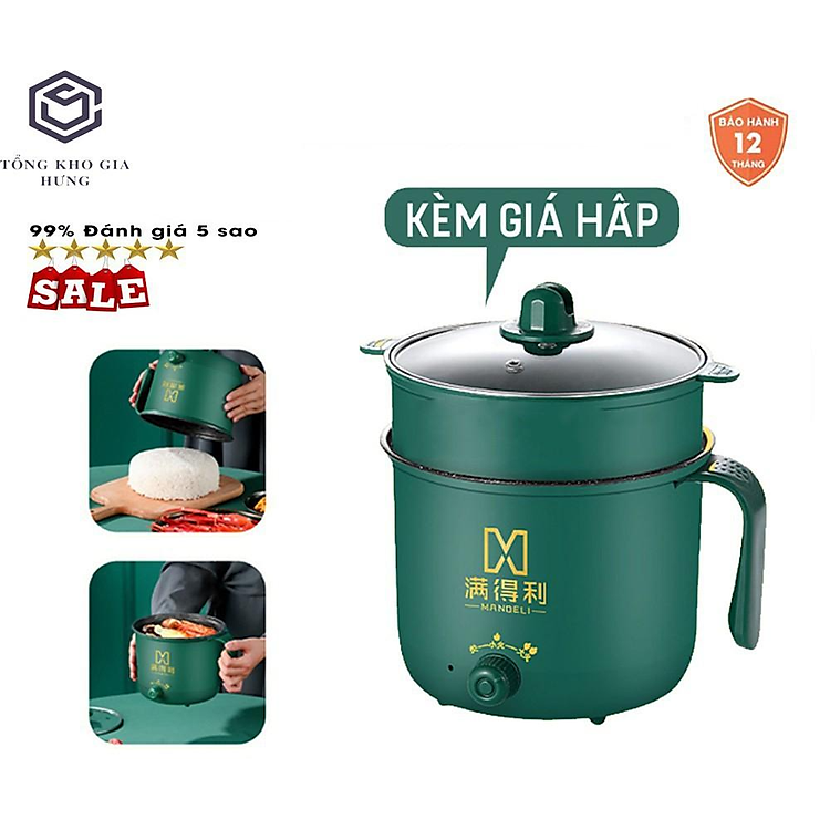 Nồi Lẩu Mini, Ca Nấu Mì Nấu Cơm Đa Năng Có Tay Cầm 1,8L - Nồi Lẩu Điện 2 Nấc Nhiệt Kèm Giá Hấp Siêu Hot (Xửng hấp= nhựa)