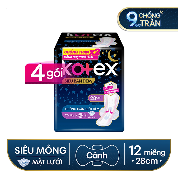Combo 4 Gói Băng Vệ Sinh Kotex Siêu Ban Đêm 9h chống tràn, dày cánh 28cm (12 miếng/gói)