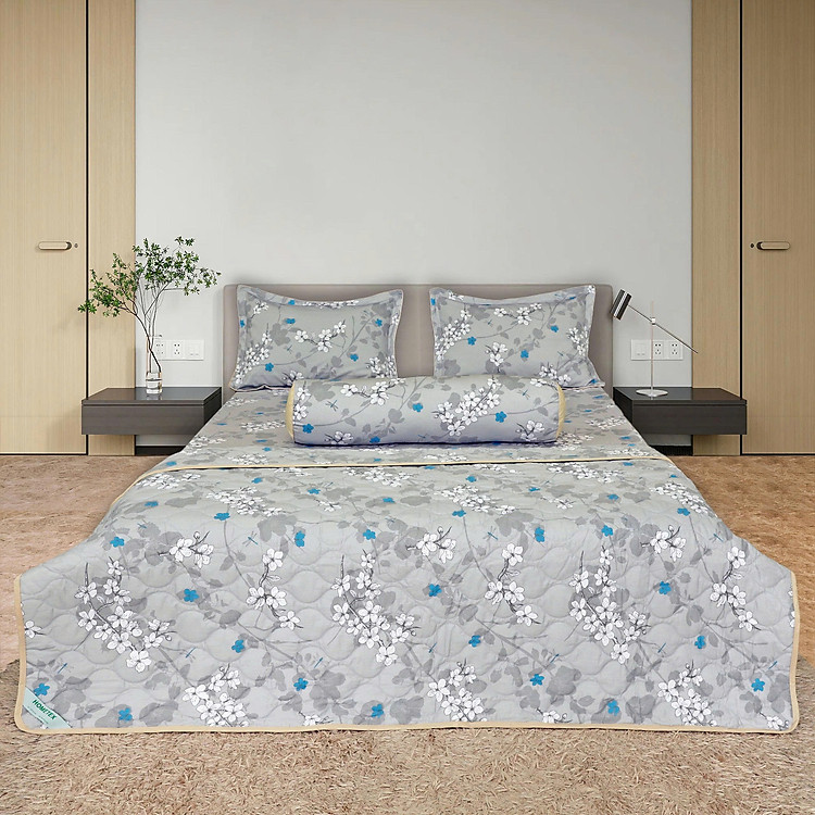 Bộ chăn drap gối Hometex cotton hoa thoáng mát, hoa văn phong phú