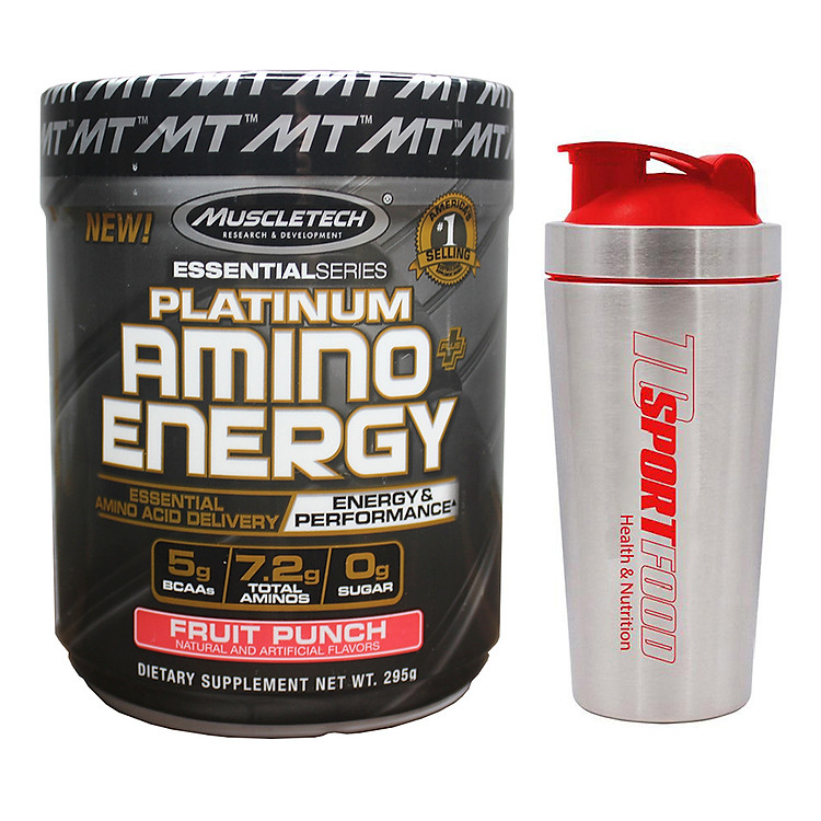Combo BCAA Platinum Amino Plus Energy của Muscle Tech hương FRUIT PUNCH (Trái cây tổng hợp) hộp 30 lần dùng hỗ trợ tăng sức bền, sức mạnh, đốt mỡ giảm cân mạnh mẽ, phục hồi cơ nhanh chóng cho người tập GYM và chơi thể thao thao & Bình lắc INOX 739ml (Mẫu