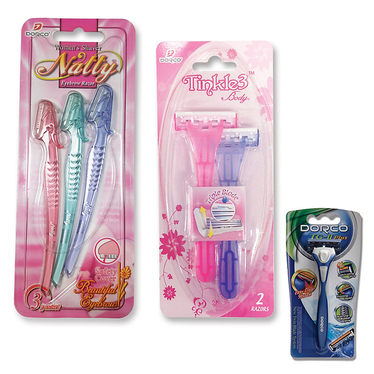 Combo Vỉ Dao Cạo Chân Mày Cho Nữ Dorco Natty Eyebrow (3 Dao / Vỉ) + Vỉ Dao Cạo Cho Nữ 3 Lưỡi Dorco Tinkle 3 Body LI 0003 3B - LT 0002 2B (2 Dao / Vỉ) - Tặng 1 Dao Cạo 2 Lưỡi Dorco TG-II Plus System