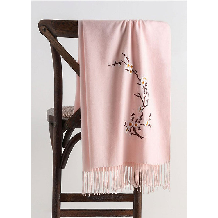 Khăn len quàng cổ nữ thêu hoa Cashmere chất len dệt mịn