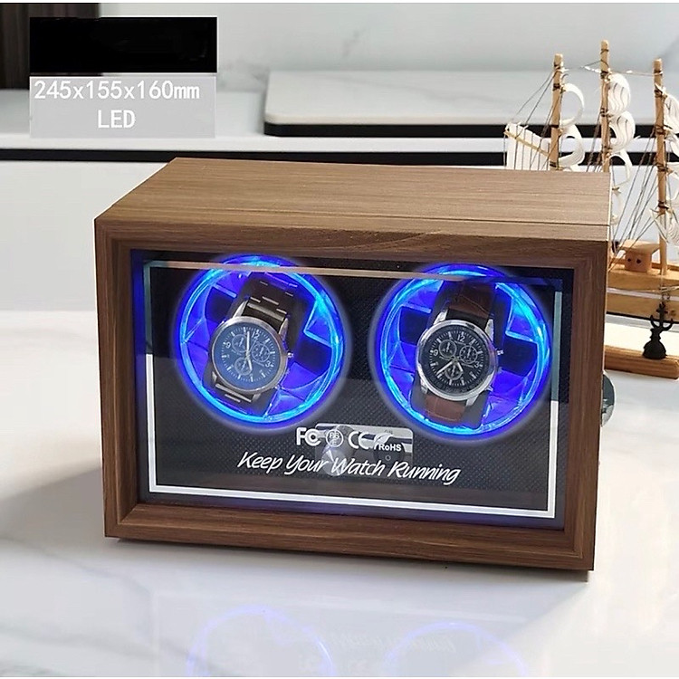 Hộp Xoay Đồng Hồ Cơ 2 Chiếc Chất Liệu Gỗ Cao Cấp Có Đèn Led 4 Chế Độ Xoay