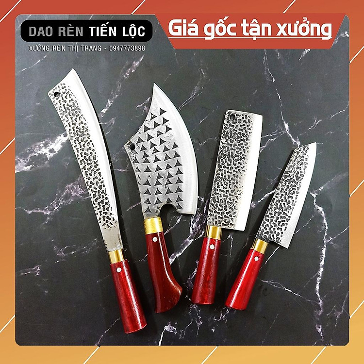 Bộ Dao Nhà Bếp Thép Nhíp - Dập Vân 2 Mặt, Dùng Chặt Cây, Chặt Xương, Thái Gọt