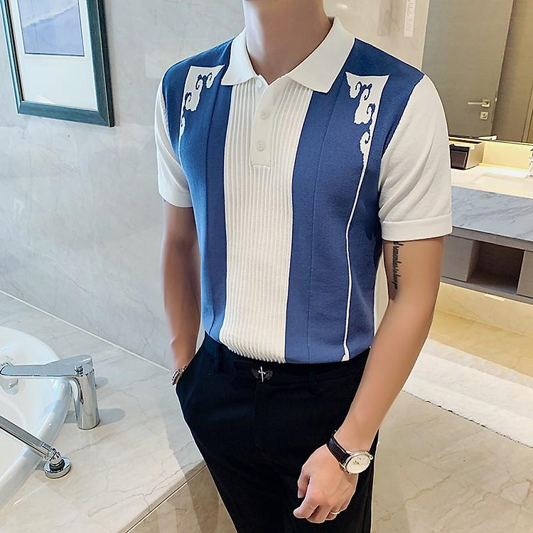 Áo thun polo nam công sở - Áo polo dệt kim họa tiết bằng lụa cao cấp - Họa tiết khung viền