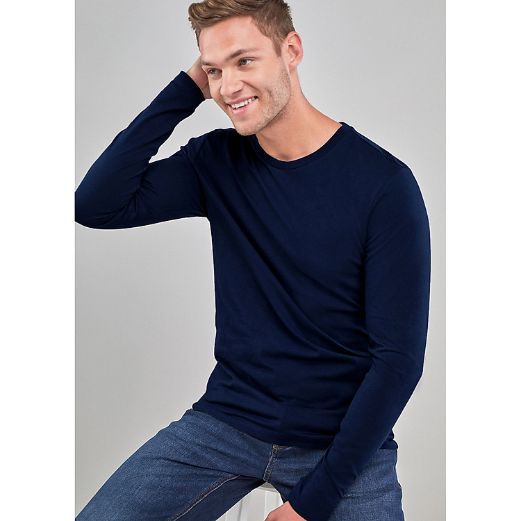 Áo Thun Nam Casual 1st - Cổ Tròn Tay Dài Xanh Dương Trơn 53120