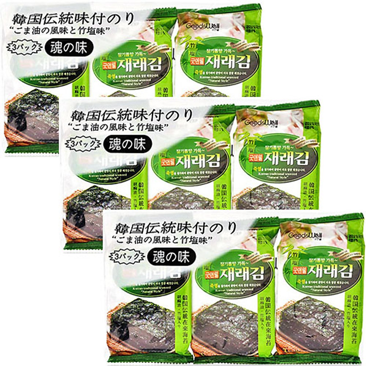 Rong biển snack cuộn kẹp cơm vị tự nhiên muối tre thảo dược truyền thống Good&Well (1 lốc - 3 Gói) - Rong biển cuộn cơm vị tự nhiên Hàn Quốc Good&Well
