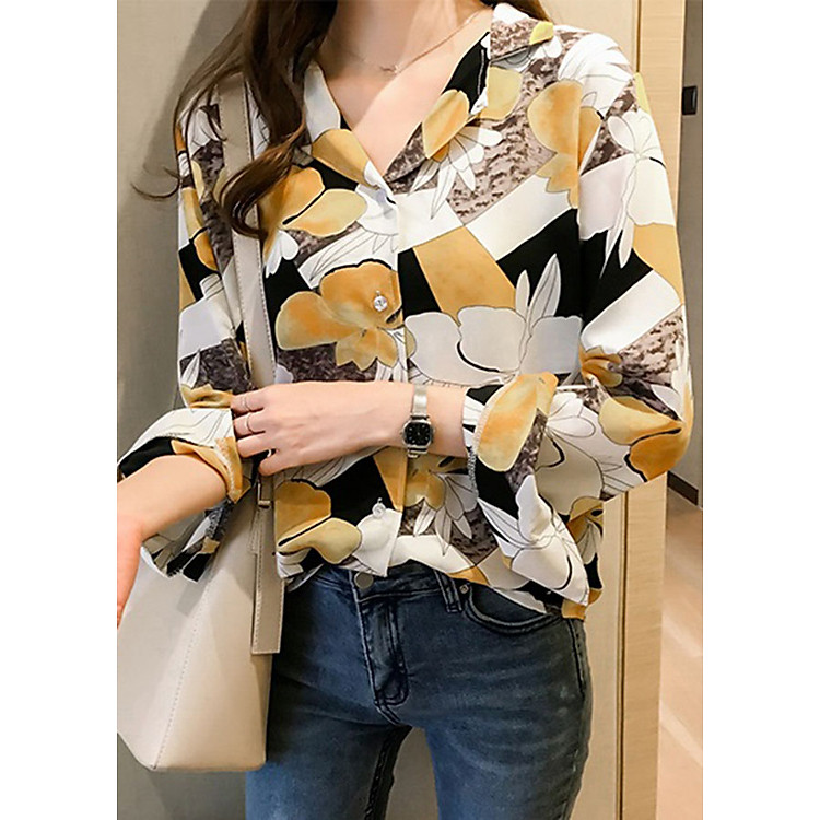 Áo sơ mi nữ tay dài cổ 2 ve in hoa họa tiết ASMNu02