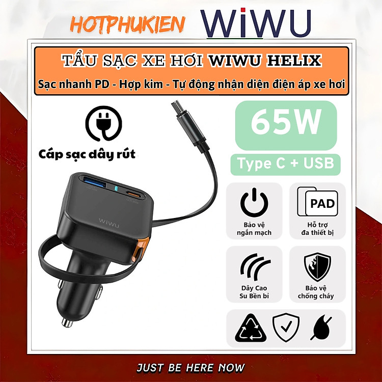 Tẩu củ sạc nhanh PD 65W cho xe hơi ô tô PD3.0 Type-C + 1 USB-A QC3.0 kèm dây sạc rút Type-C 66cm hiệu WIWU Helix cho iphone 17 16 15 iPad pro air Gen Vivo Oppo samsung Macbook -...