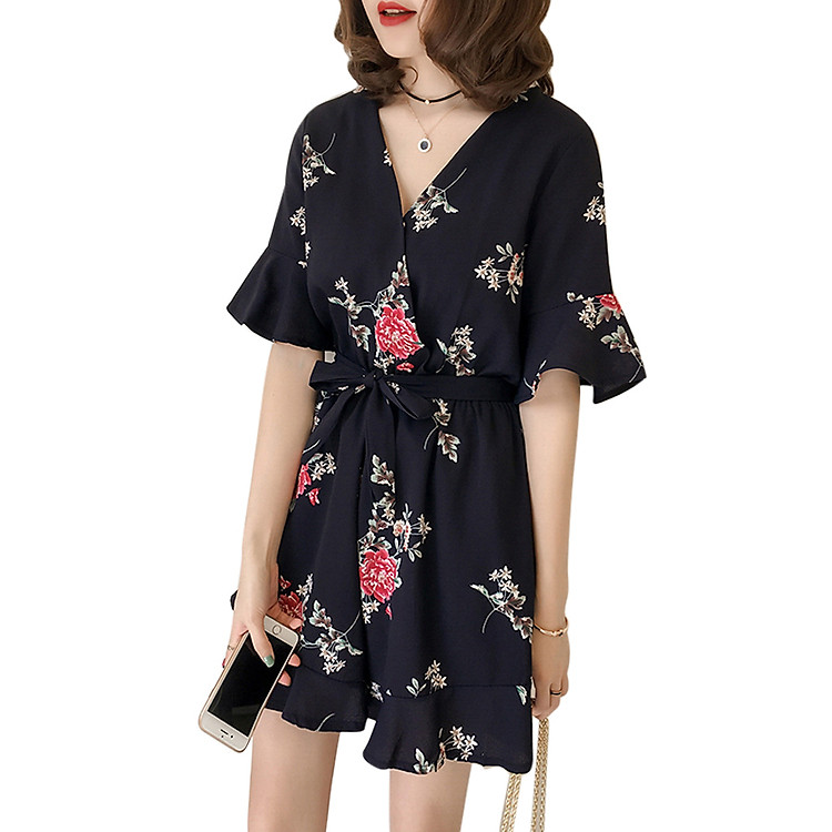 Jumpsuit Cổ Chữ V Họa Tiết Hoa - Đen