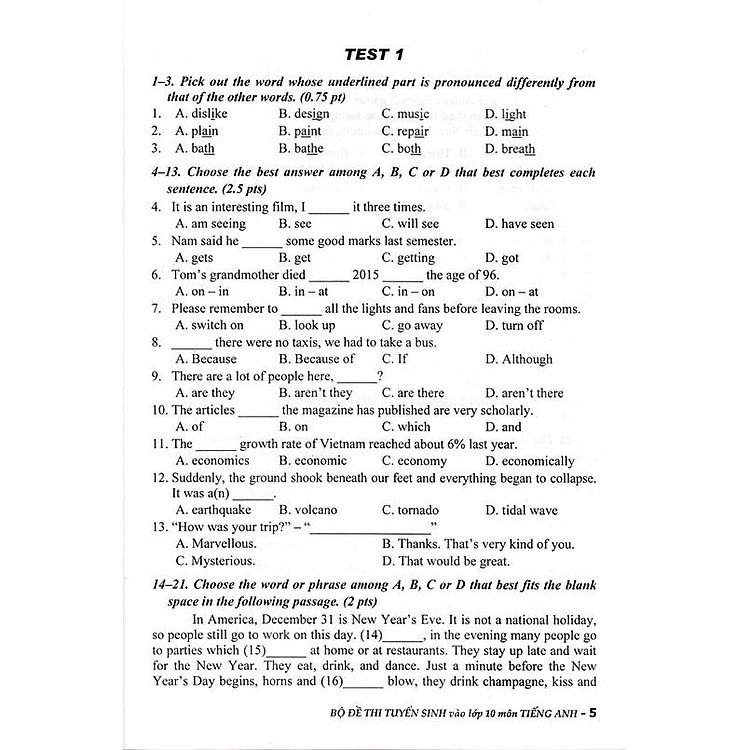 Bộ Đề Thi Tuyển Sinh Môn Tiếng Anh Vào Lớp 10 (Lưu Hoằng Trí) - Ảnh 5