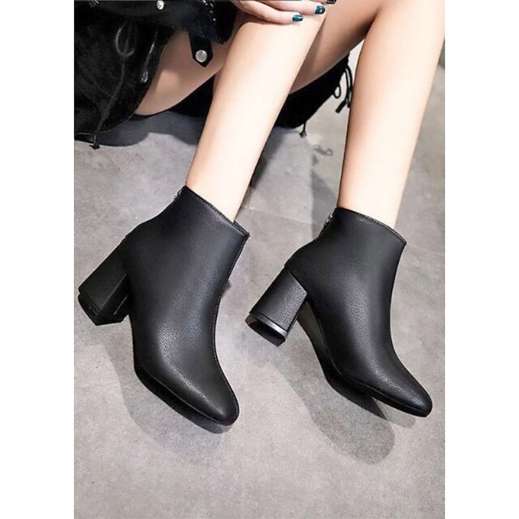 Giày bốt nữ kéo khóa gót vuông 7p C09 - Đen