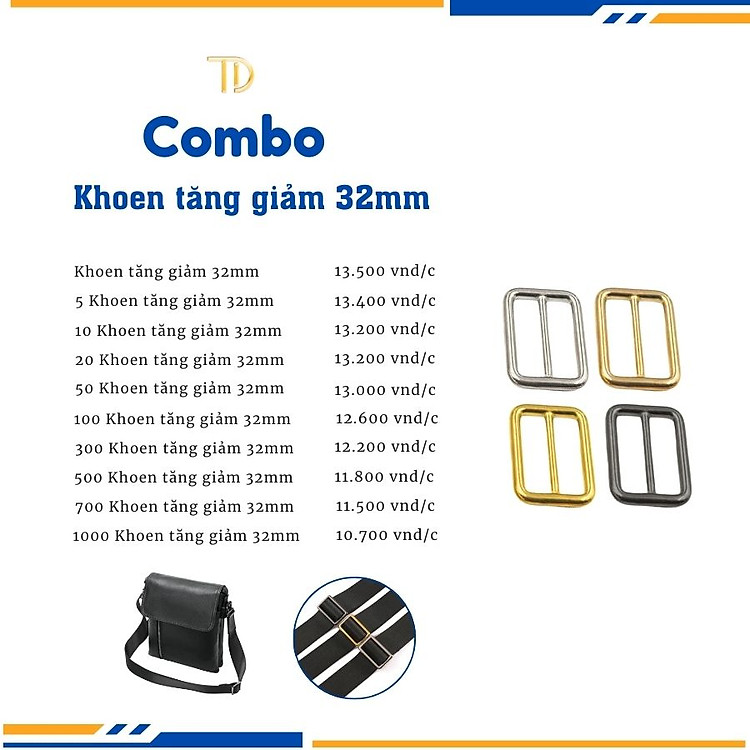 Khoen tăng giảm dây túi xách, Khoen chỉnh dây đeo túi, Tăng đơn túi xách 32mm mạ điện độ bền 5-8 năm