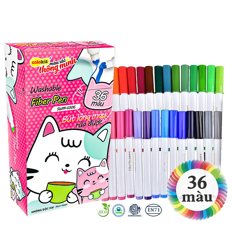 Bút lông 36 màu Fiber Pen Washable - Nét mảnh nét to - Colokit SWM-C006