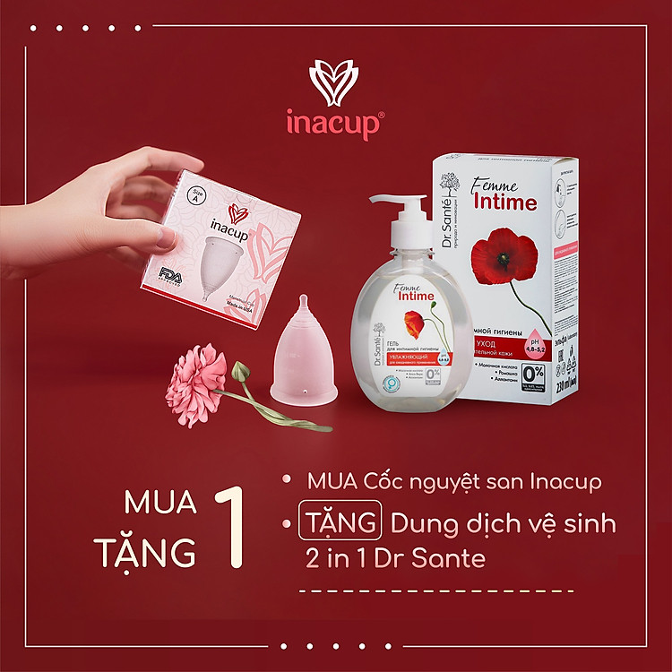 Cốc nguyệt san Inacup size A , 100 % silicone y tế ( tặng kèm dung dịch vệ sinh tiệt trùng 2in1 Dr.Sante )