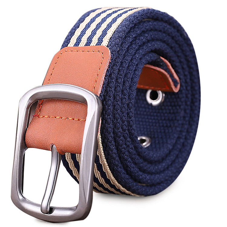 Half cigarette canvas belt men's belt smooth buckle youth Korean version of the belt pin buckle casual outdoor students B-170537 Tibetan blue and white stripes 115