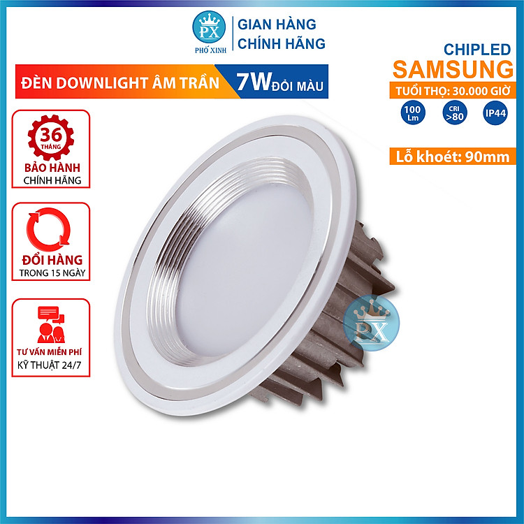 Đèn âm trần 3 chế độ sáng 7w, đèn lon cao cấp sang trọng, lỗ khoét 90mm