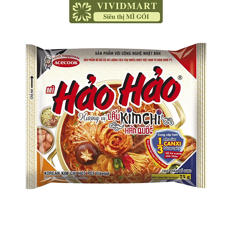 ACECOOK - Hảo Hảo hương vị lẩu kim chi Hàn Quốc, Mì ăn liền Hảo Hảo lẩu kim chi Hàn Quốc, Hảo Hảo kim chi (75g/gói)