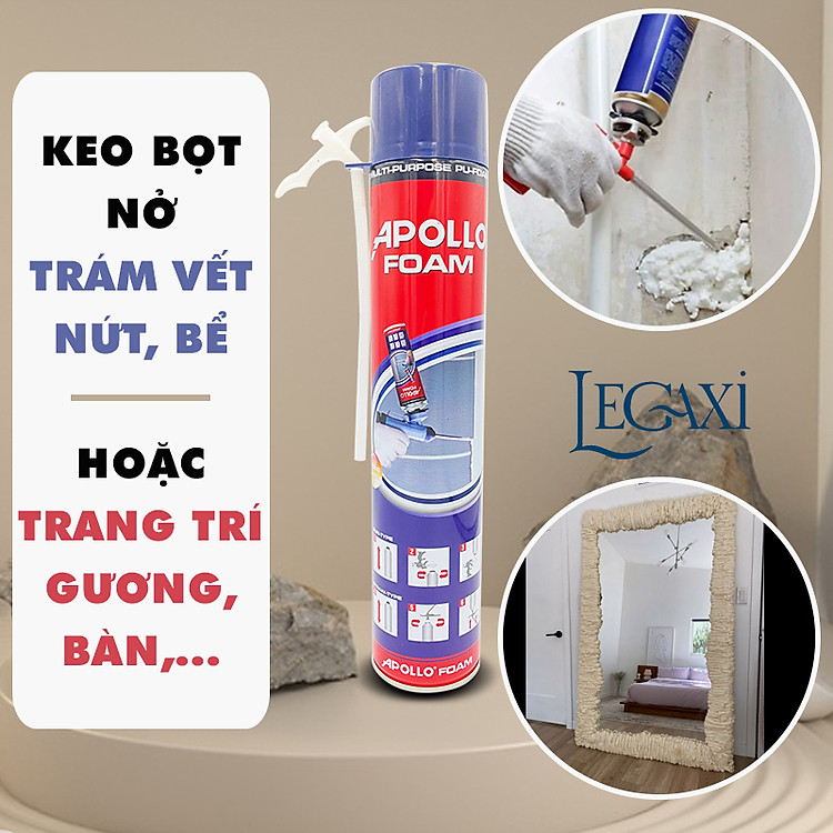 Keo Bọt Nở (Kèm Vòi), Chai Xịt Trang Trí Gương Mây Decor, Keo Dán Tường Trám Vết Nứt Khe Hở Bể 750ml Legaxi