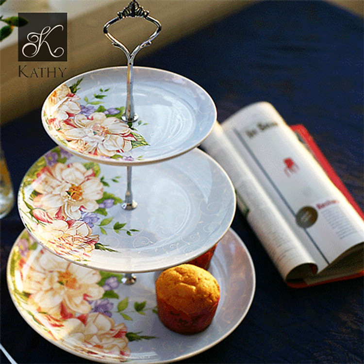 Đĩa 3 tầng để bánh sứ xương cao cấp nhập khẩu họa tiết hoa xanh phong cách Vintage CERAFLORAL 1610