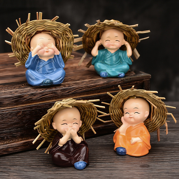Tượng trang trí Chú tiểu tứ không đội nón cói 7x3cm - Mix