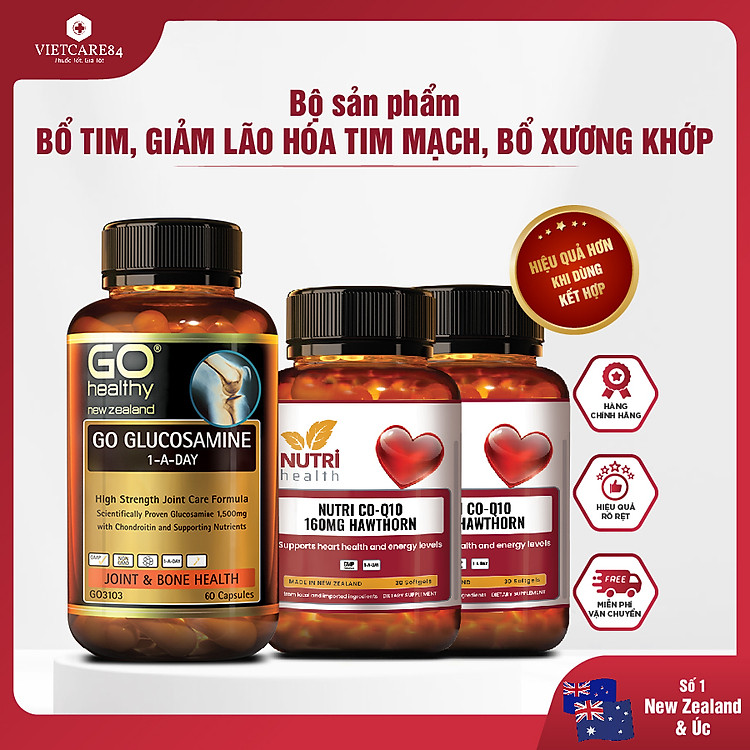 Bộ Sản Phẩm Bổ Tim, Bổ Xương Khớp New Zealand: 2 Hộp Bổ Tim Nutri Co Q10 160g Hawthorn -30 Viên; Go Glucosamine 1-A-Day 1500mg - 60 Viên