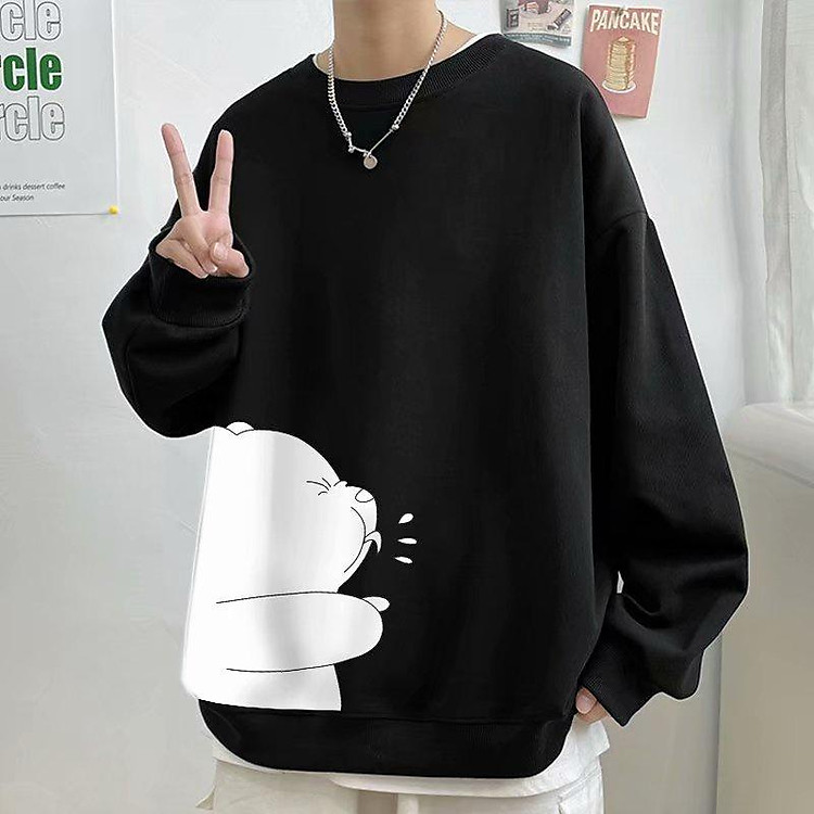 Áo sweater dáng rộng 45kg-110kg dài tay cổ tròn in hình gấu phối nhung nhiều màu cho nam nữ