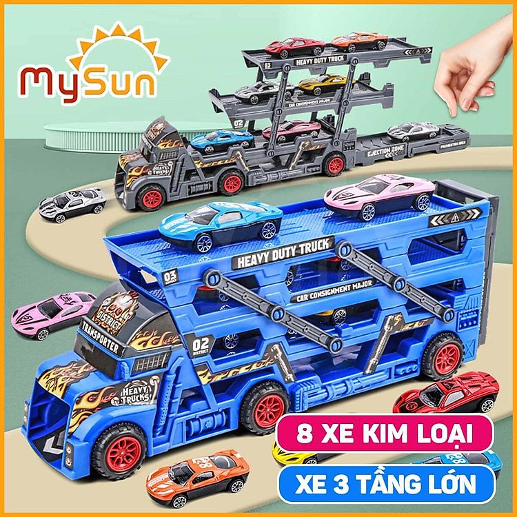 Mô hình xe tải container chở ô tô Đỏ Chính hãng Tiết kiệm - Hình ảnh 3